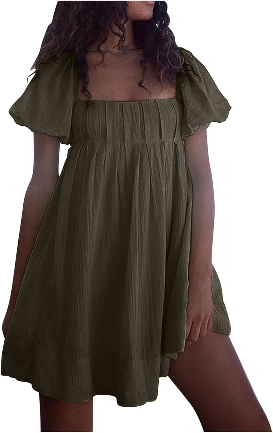 Women Summer Cotton Mini Dresses Square Neck Ruffle Sleeve Solid Color Simple Flowy Club Party Short Dress