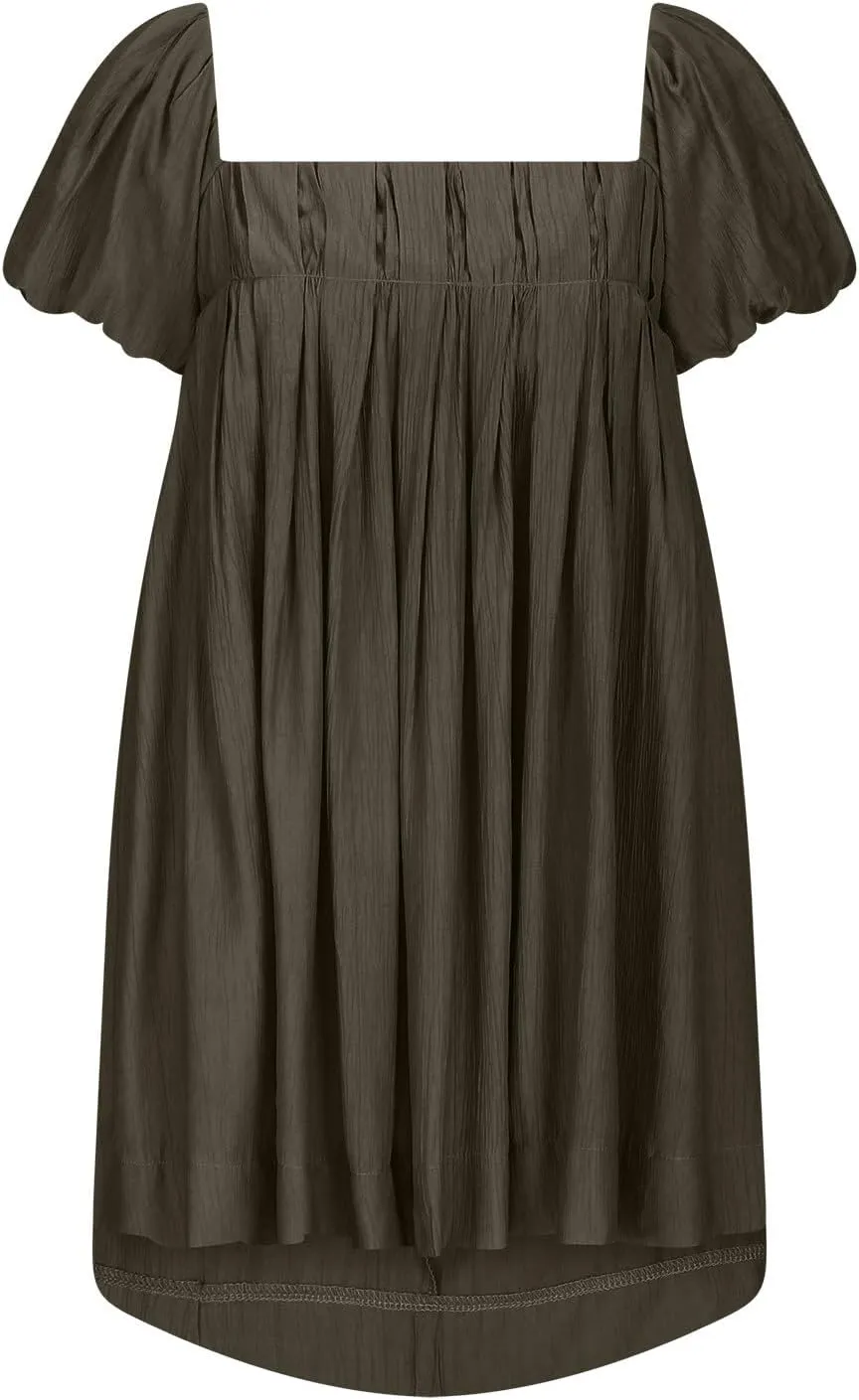 Women Summer Cotton Mini Dresses Square Neck Ruffle Sleeve Solid Color Simple Flowy Club Party Short Dress