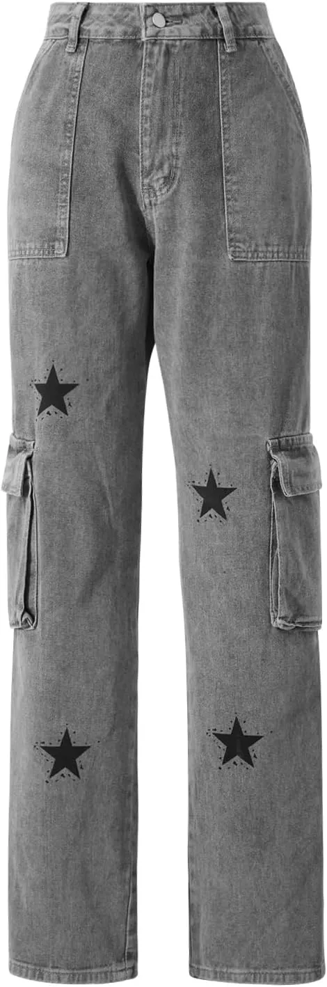 Women Y2K Baggy Jeans Star Print High Waist Wide Leg Denim Pants Vintage 90s Straight Leg Distressed Grunge Trousers