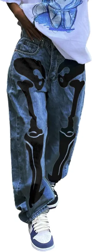 Women Y2K Baggy Jeans Star Print High Waist Wide Leg Denim Pants Vintage 90s Straight Leg Distressed Grunge Trousers