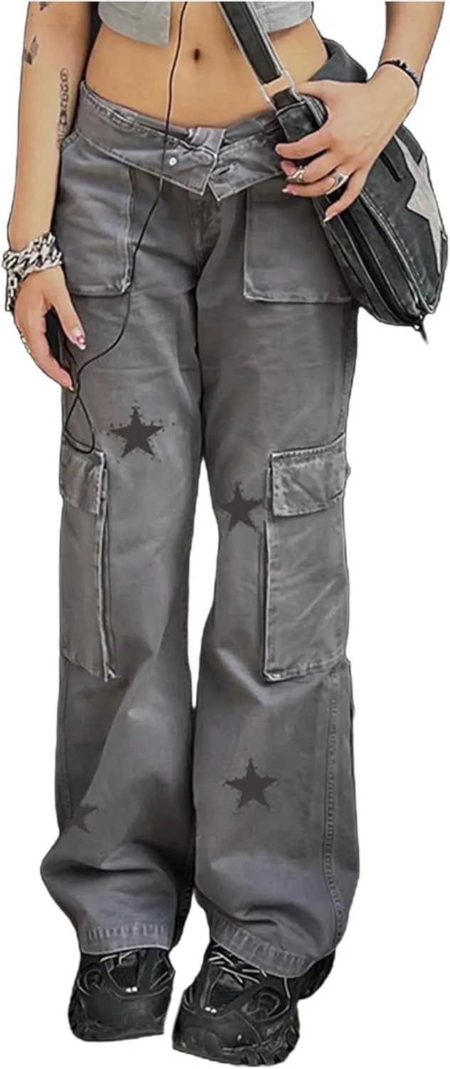 Women Y2K Baggy Jeans Star Print High Waist Wide Leg Denim Pants Vintage 90s Straight Leg Distressed Grunge Trousers