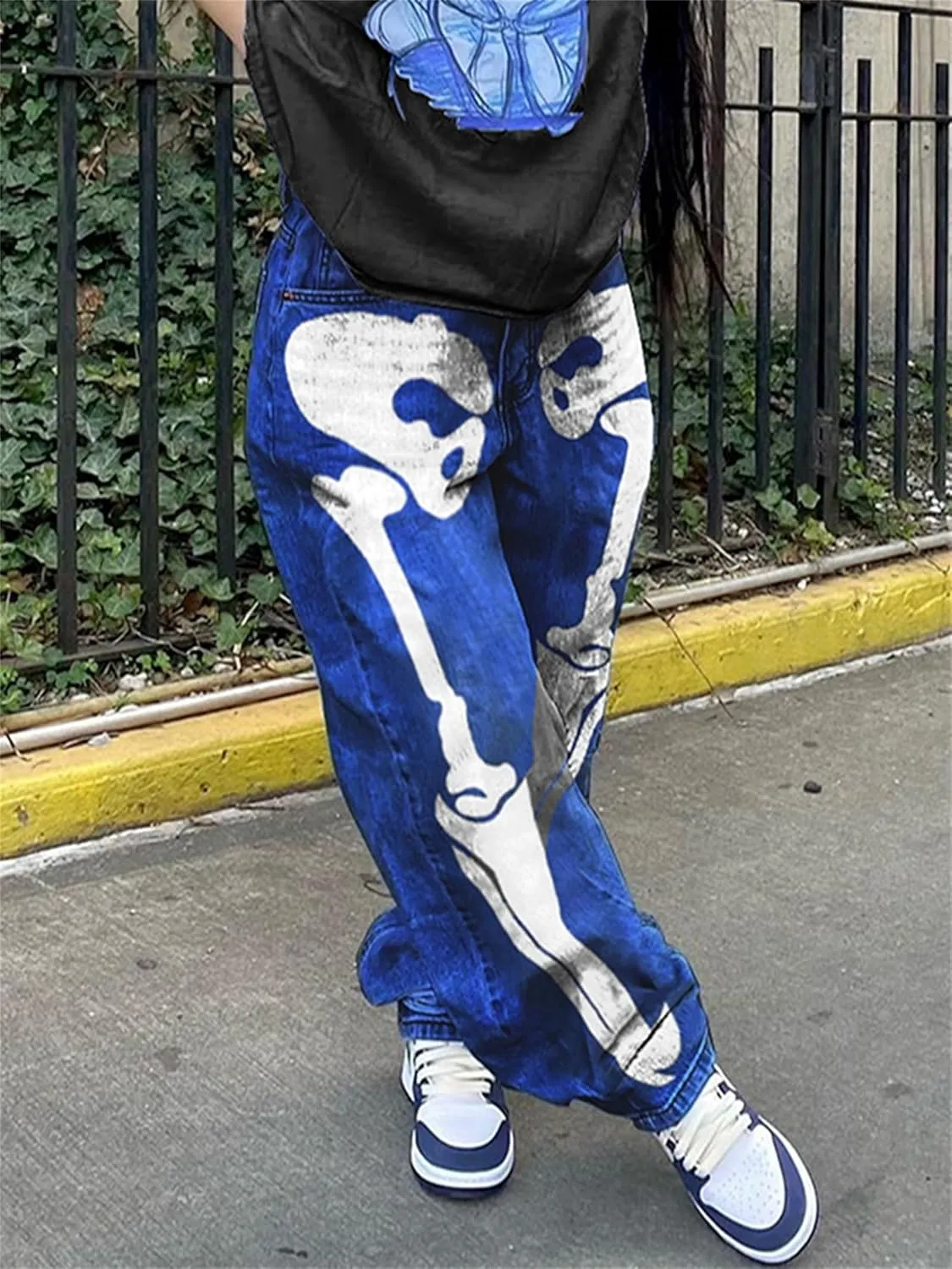 Women Y2K Baggy Jeans Star Print High Waist Wide Leg Denim Pants Vintage 90s Straight Leg Distressed Grunge Trousers