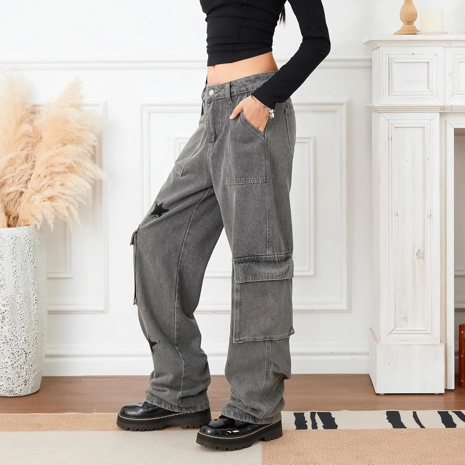 Women Y2K Baggy Jeans Star Print High Waist Wide Leg Denim Pants Vintage 90s Straight Leg Distressed Grunge Trousers