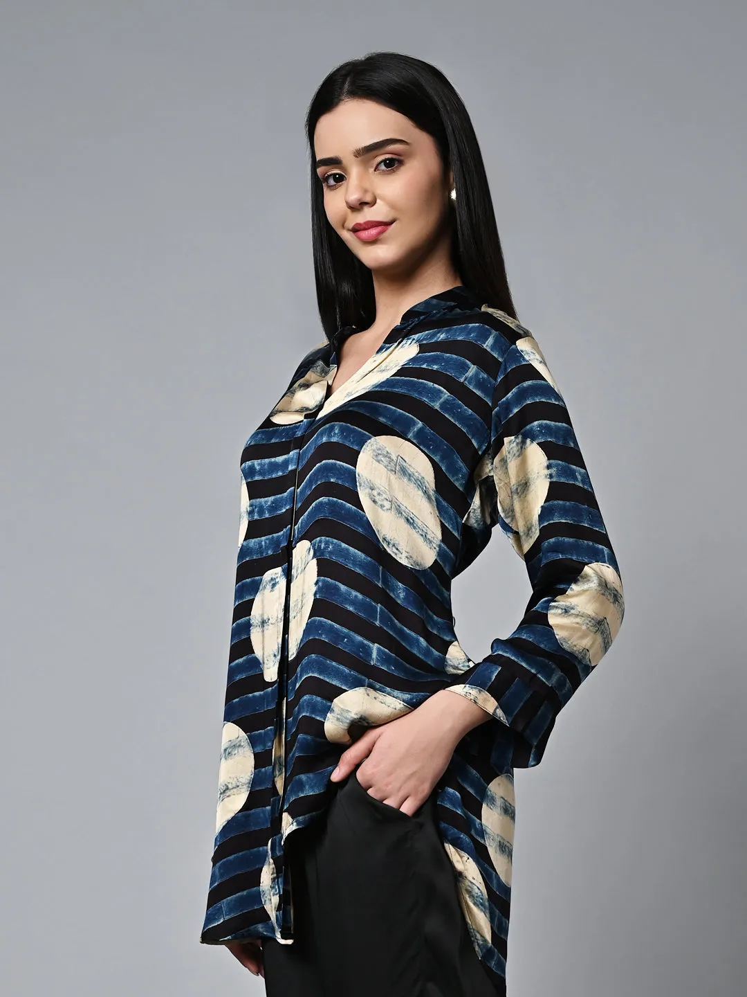 Women's Ajrak Hand Block Printed Loose Fit Modal Blue Blouse