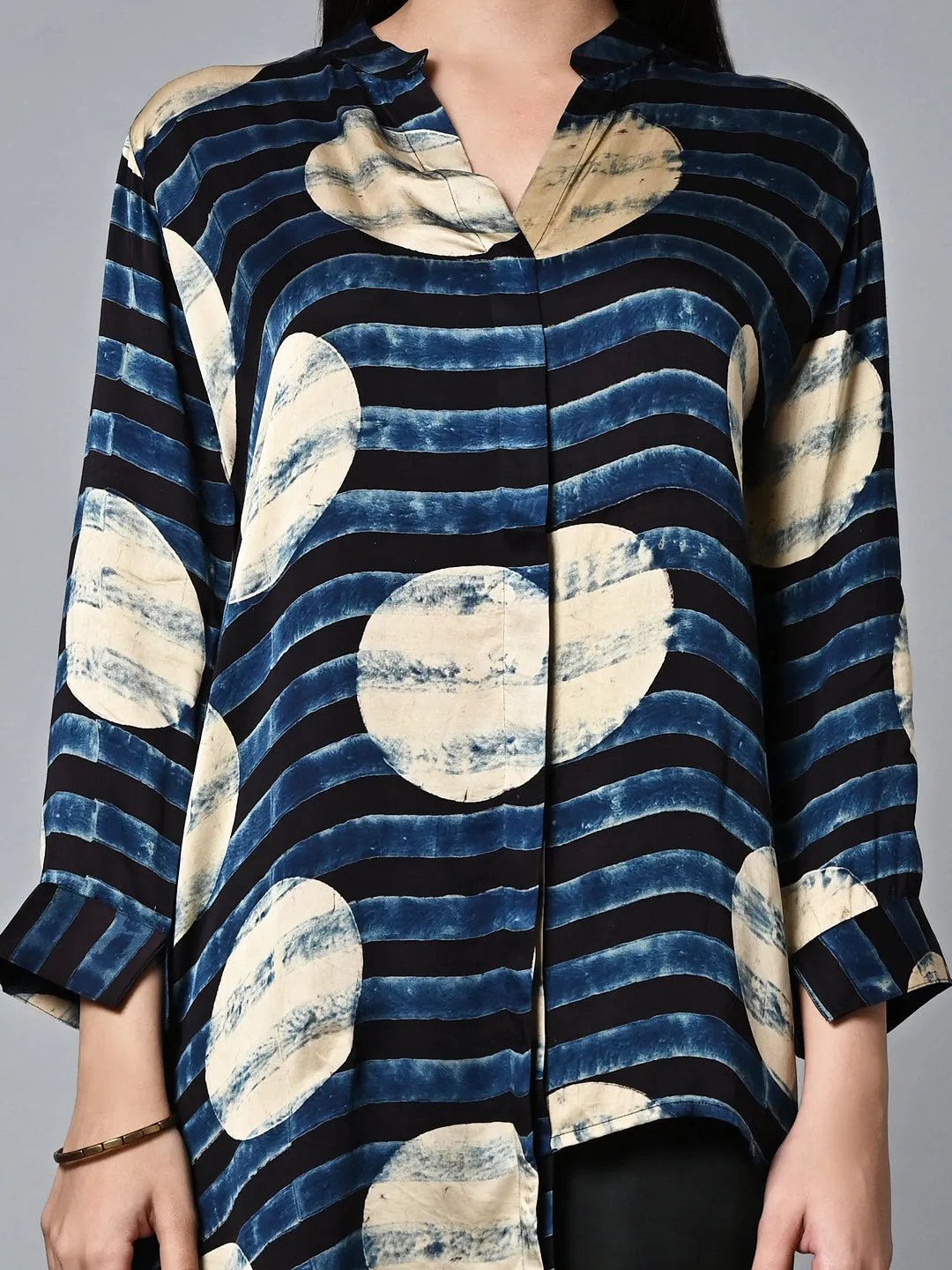 Women's Ajrak Hand Block Printed Loose Fit Modal Blue Blouse