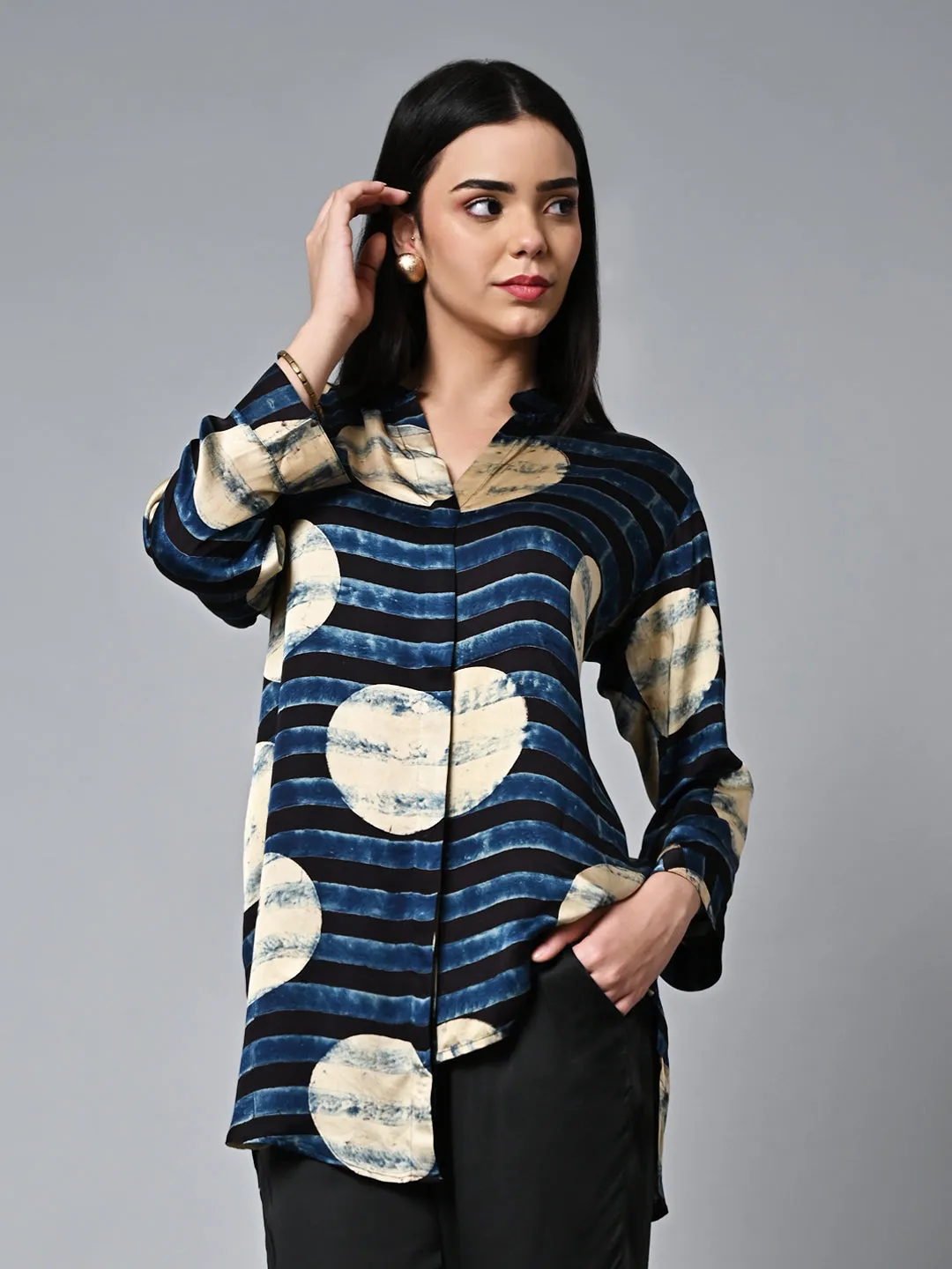 Women's Ajrak Hand Block Printed Loose Fit Modal Blue Blouse
