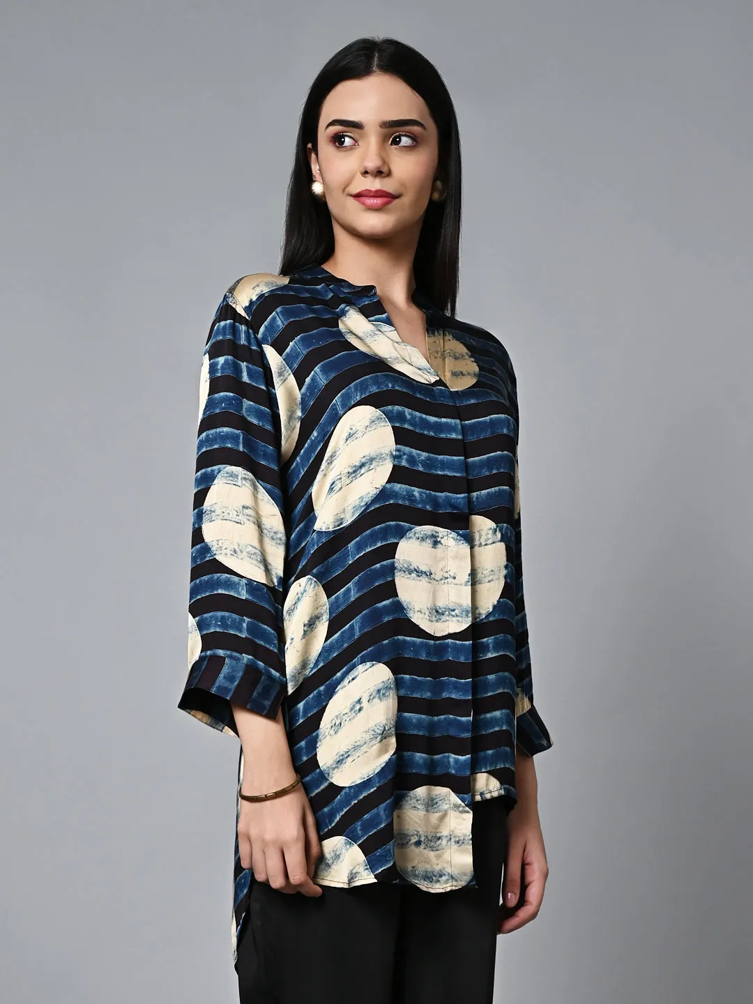 Women's Ajrak Hand Block Printed Loose Fit Modal Blue Blouse