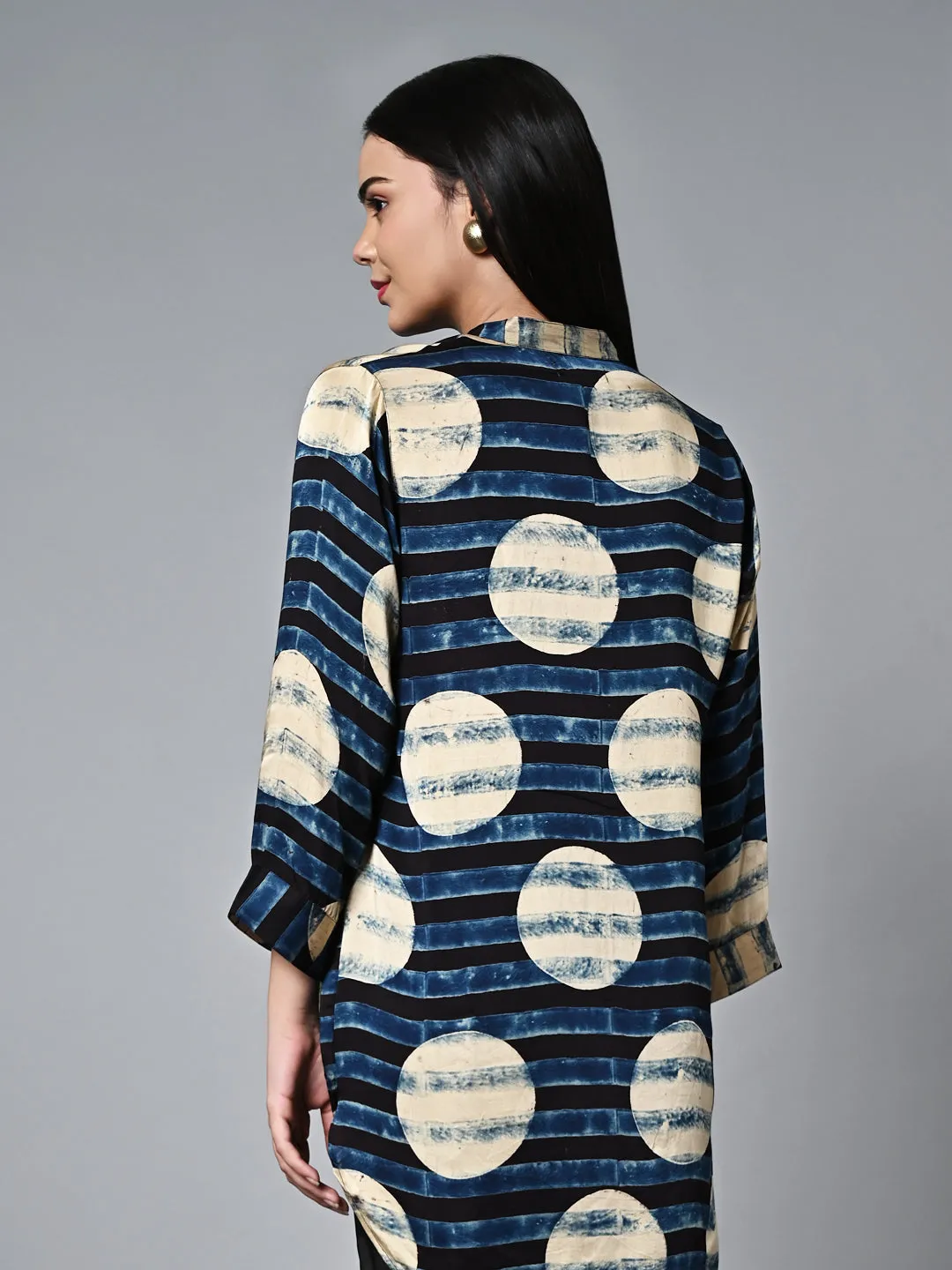 Women's Ajrak Hand Block Printed Loose Fit Modal Blue Blouse