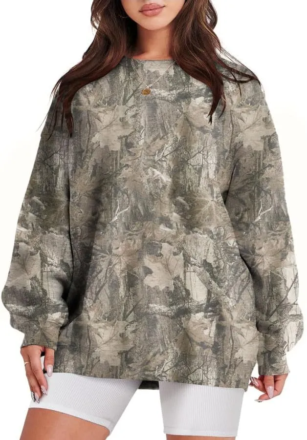 Womens Camo Sweatshirt Maple Leaf Print Oversized Camo Crewneck Sweatshirt Fleece Pullover Hoodies Long Sleeve