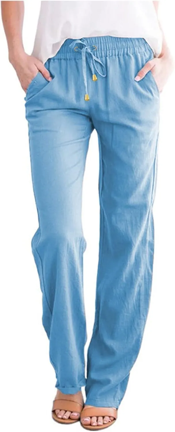 Women's Casual Loose Wide Leg Cozy Pants Linen Elastic Women Leg Solid 2025 Flowy Beach Trendy Trousers with Pockets