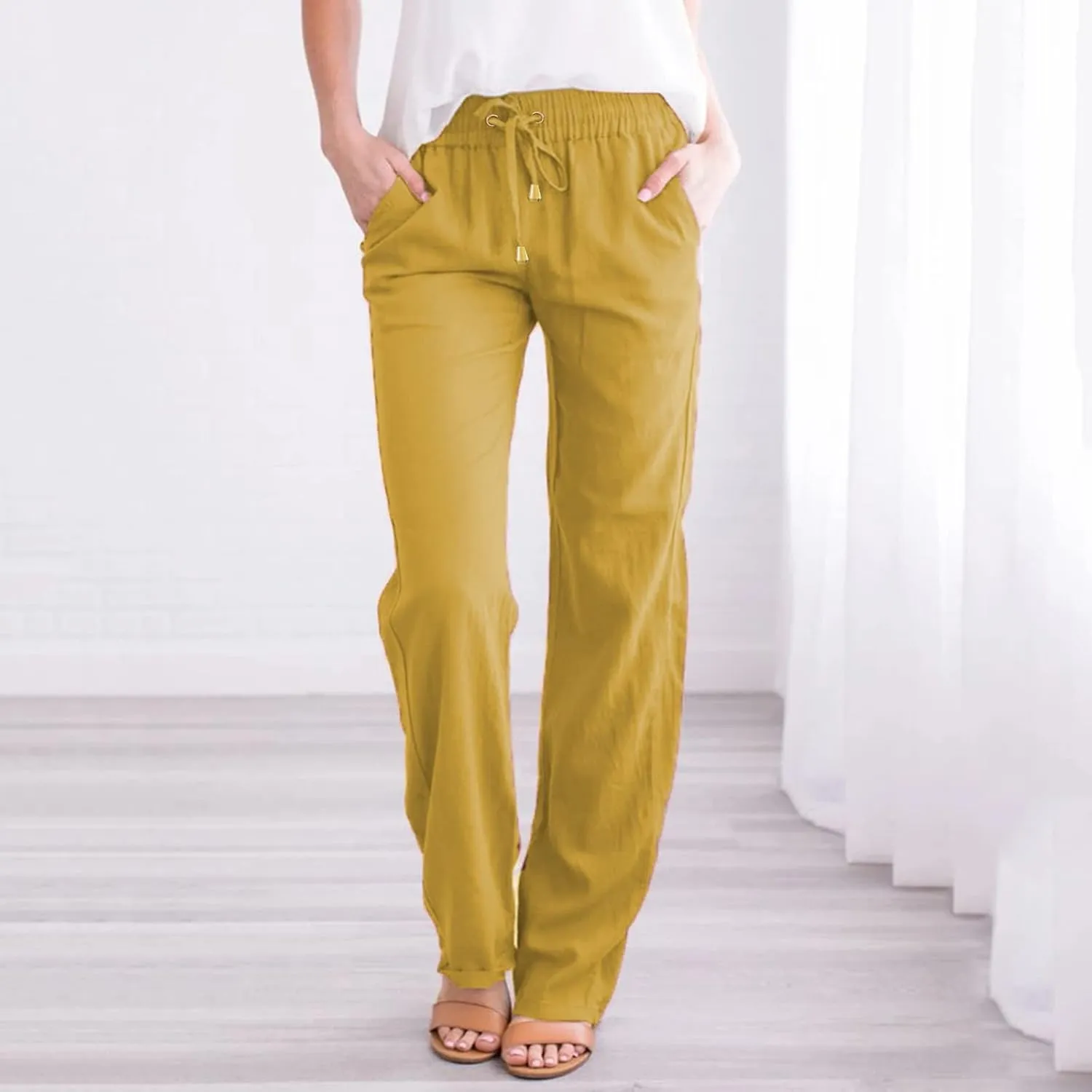 Women's Casual Loose Wide Leg Cozy Pants Linen Elastic Women Leg Solid 2025 Flowy Beach Trendy Trousers with Pockets