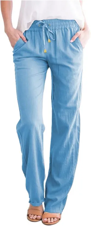 Women's Casual Loose Wide Leg Cozy Pants Linen Elastic Women Leg Solid 2025 Flowy Beach Trendy Trousers with Pockets