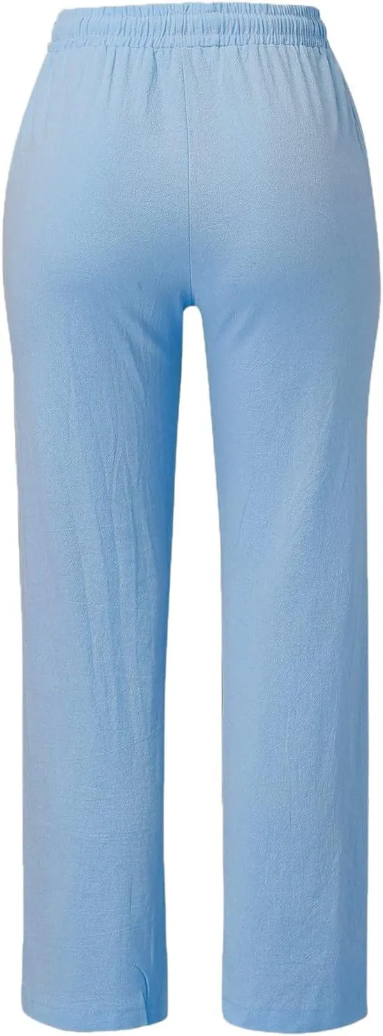 Women's Casual Loose Wide Leg Cozy Pants Linen Elastic Women Leg Solid 2025 Flowy Beach Trendy Trousers with Pockets