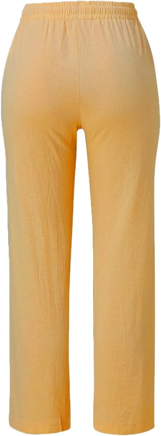 Women's Casual Loose Wide Leg Cozy Pants Linen Elastic Women Leg Solid 2025 Flowy Beach Trendy Trousers with Pockets