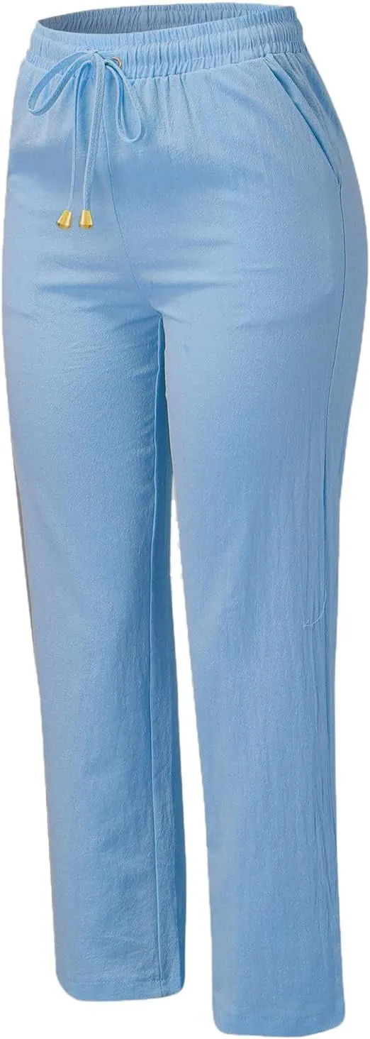 Women's Casual Loose Wide Leg Cozy Pants Linen Elastic Women Leg Solid 2025 Flowy Beach Trendy Trousers with Pockets
