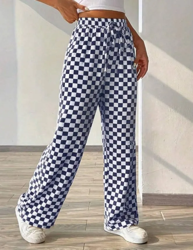 Women's Drawstring Checkered Trousers High Waist Plaid Wide Leg Pants Y2k Streetwear Straight Pants with Pockets