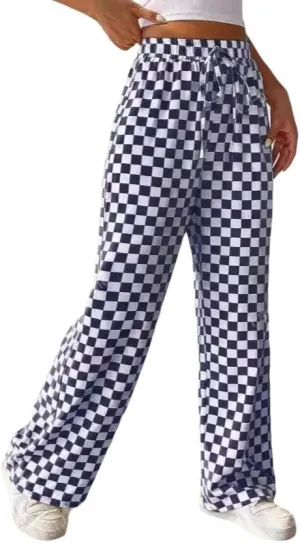 Women's Drawstring Checkered Trousers High Waist Plaid Wide Leg Pants Y2k Streetwear Straight Pants with Pockets