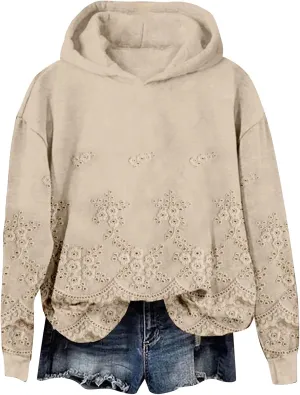 Womens Floral Lace Printed Hoodies Oversized Long Sleeve Pullover Sweatshirt Soft Fall Winter Athleisure Outfits