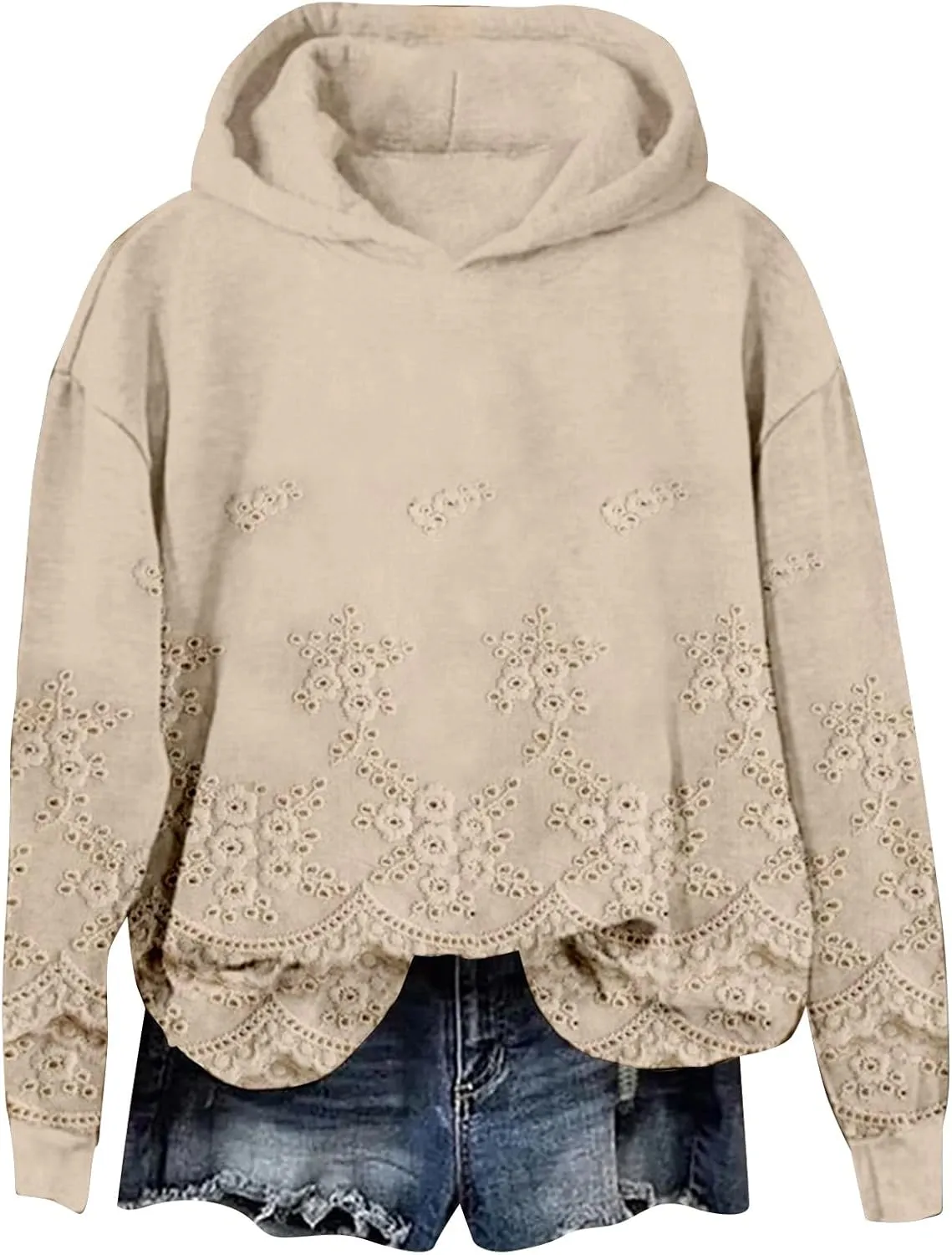 Womens Floral Lace Printed Hoodies Oversized Long Sleeve Pullover Sweatshirt Soft Fall Winter Athleisure Outfits