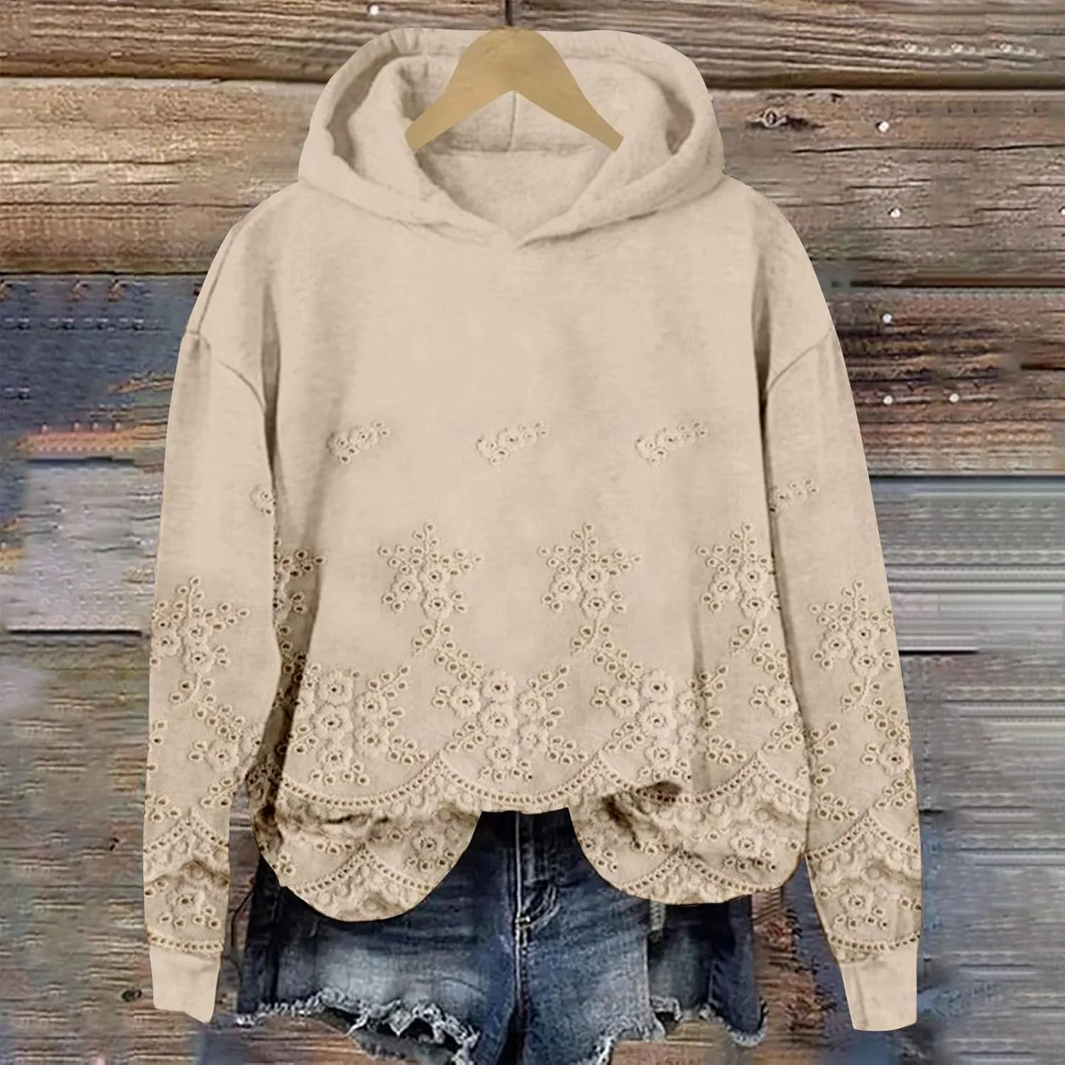 Womens Floral Lace Printed Hoodies Oversized Long Sleeve Pullover Sweatshirt Soft Fall Winter Athleisure Outfits