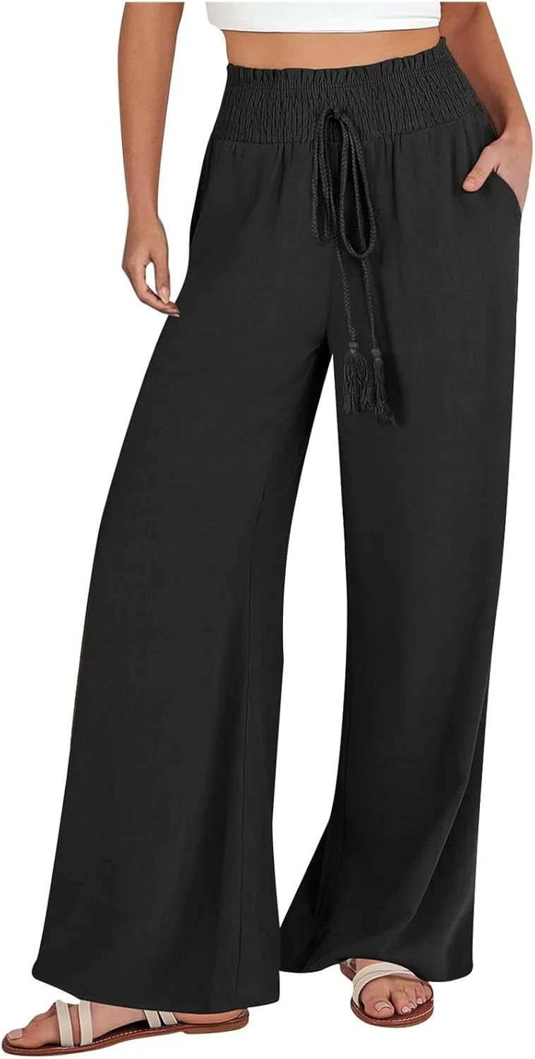 Womens Flowy Linen Pant with Pockets Wide Leg Palazzo Elastic Waist Pants Casual Dressy Summer Trousers