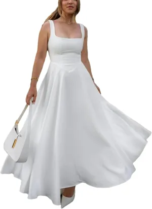 Women's High Waist Fashion Square Neck Sleeveless A-Line Dresses 2025 Vocation Beach Party Streetwear Midi Dress