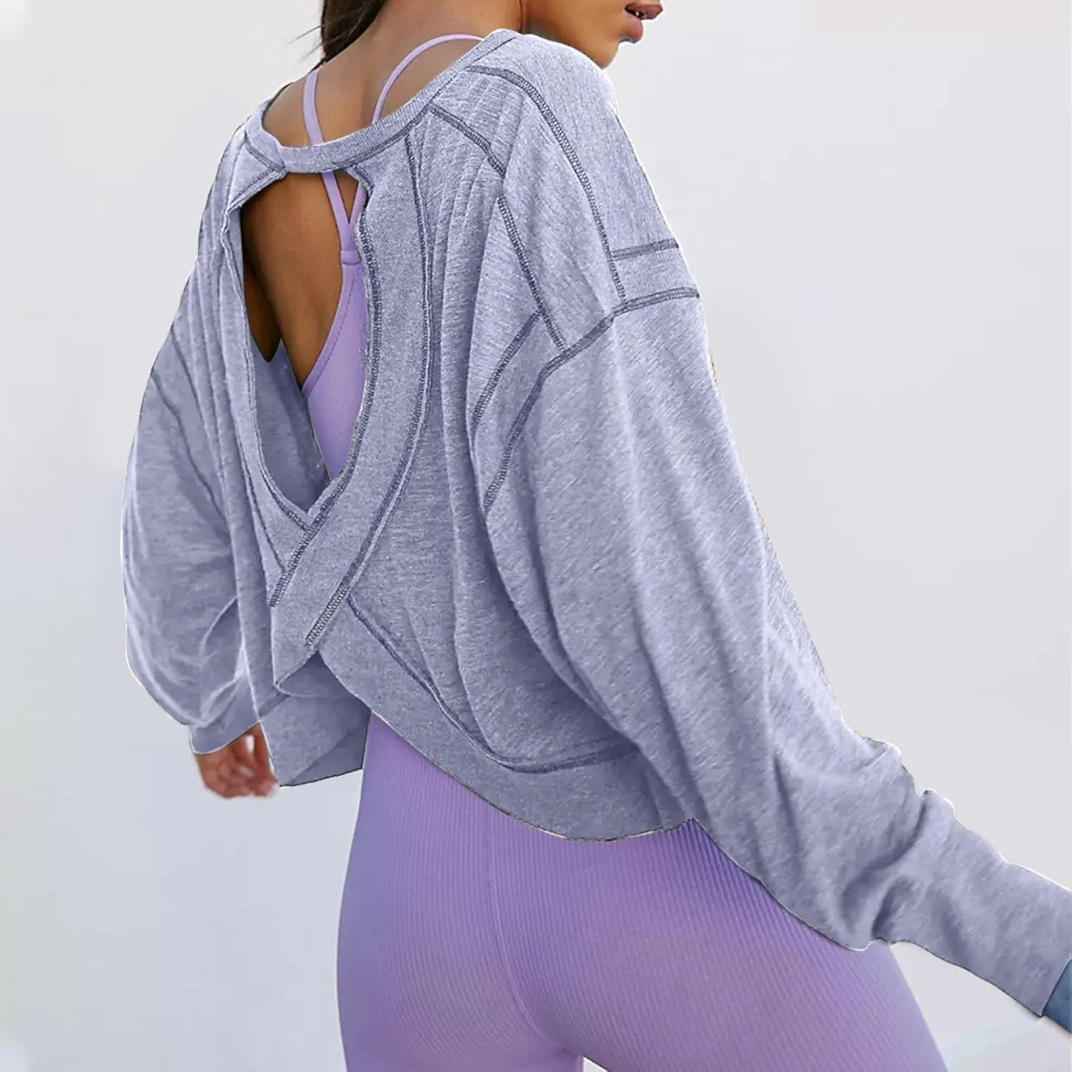 Womens Open Back Workout Tops Sexy Backless Long Sleeve Athletic Shirt Running Crop Top Gym Yoga Tee