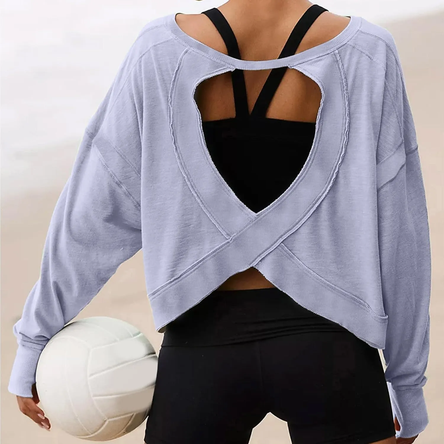 Womens Open Back Workout Tops Sexy Backless Long Sleeve Athletic Shirt Running Crop Top Gym Yoga Tee
