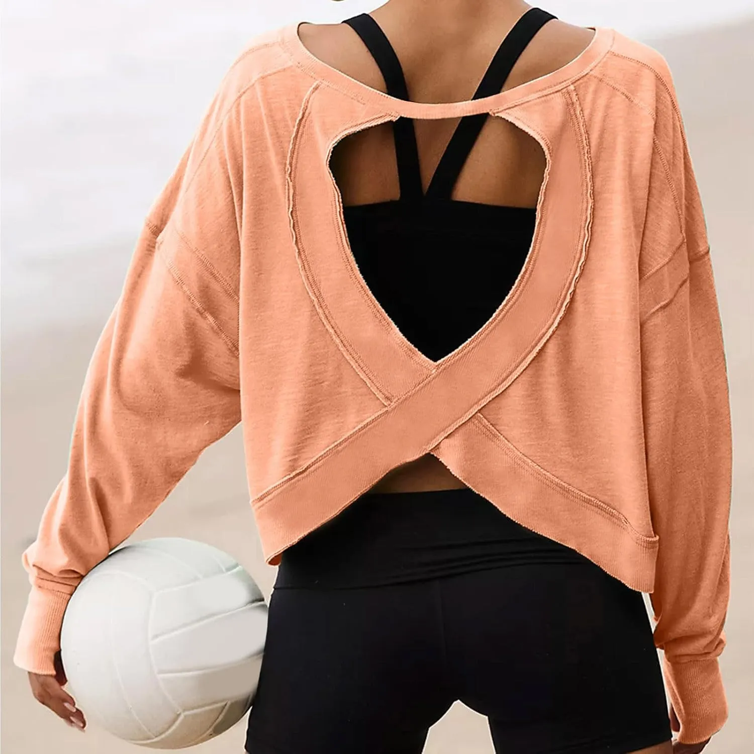 Womens Open Back Workout Tops Sexy Backless Long Sleeve Athletic Shirt Running Crop Top Gym Yoga Tee