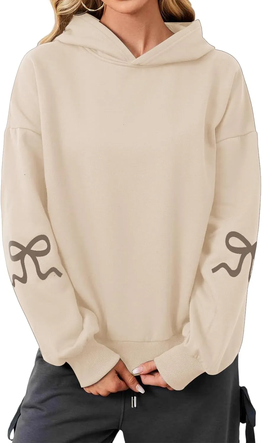 Women's Oversized Hoodies Bow Trim Print Fleeced Hooded Sweatshirts Oversized Long Sleeve Drop Shoulder Pullover Top