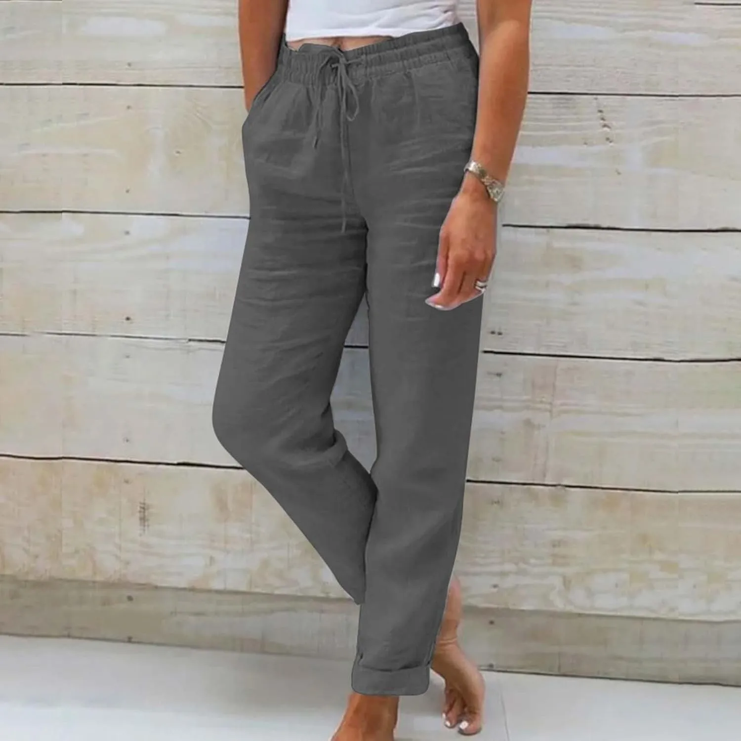 Womens Pajama Pants Cotton Palazzo Pants Wide Leg Long Pant Trousers with Pocket Lightweight Elastic Waist Pant