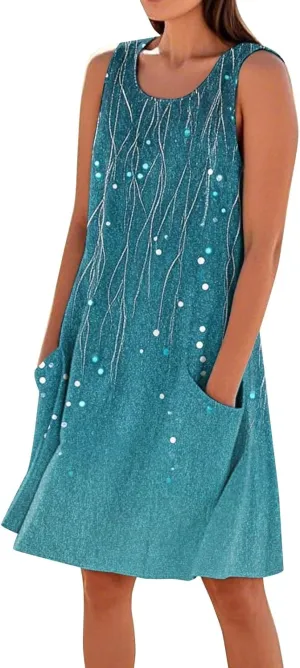 Women's Spring Dresses Round Neck Sleeveless Summer Sundresses Knee Length Tank with Pockets Vacation Dresses