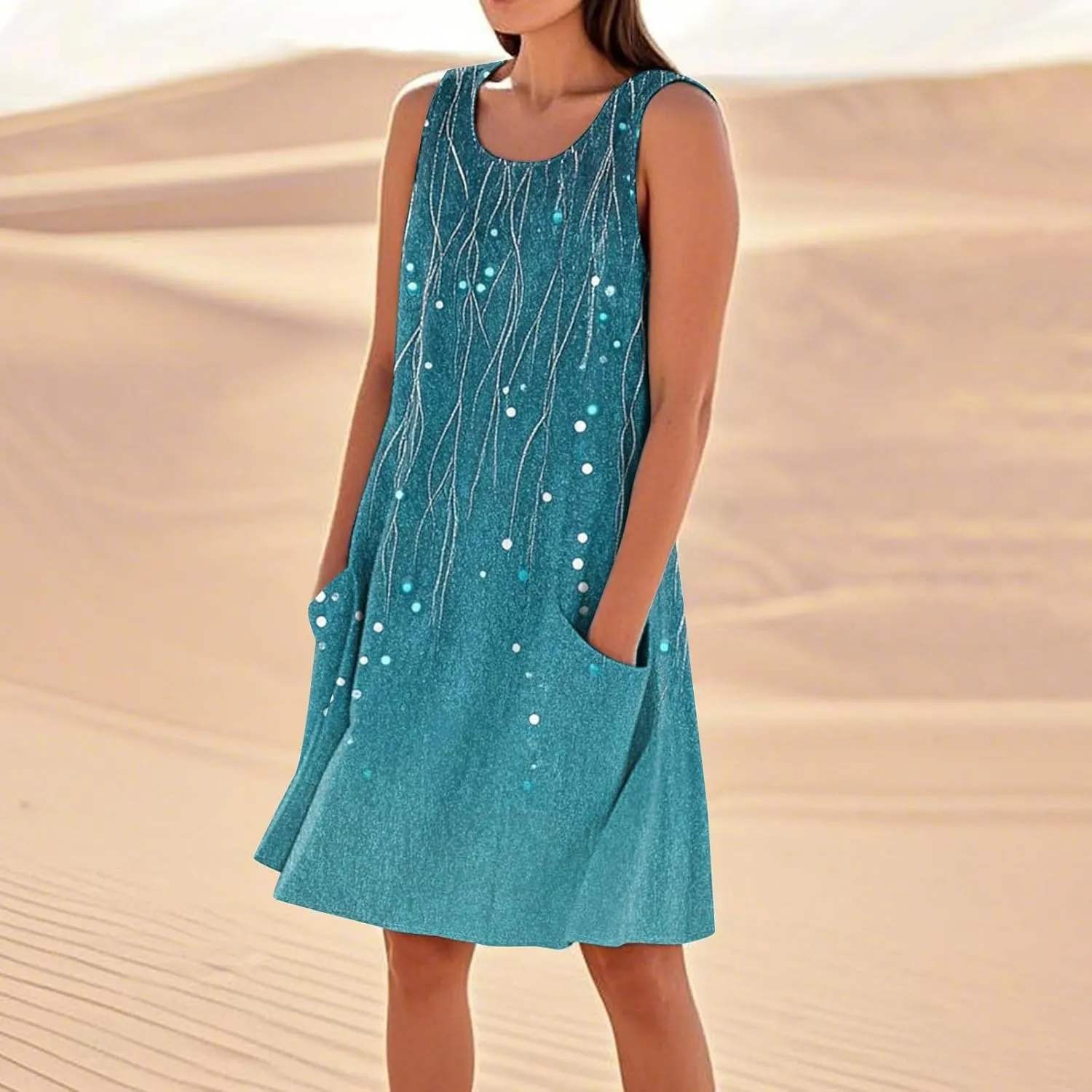 Women's Spring Dresses Round Neck Sleeveless Summer Sundresses Knee Length Tank with Pockets Vacation Dresses