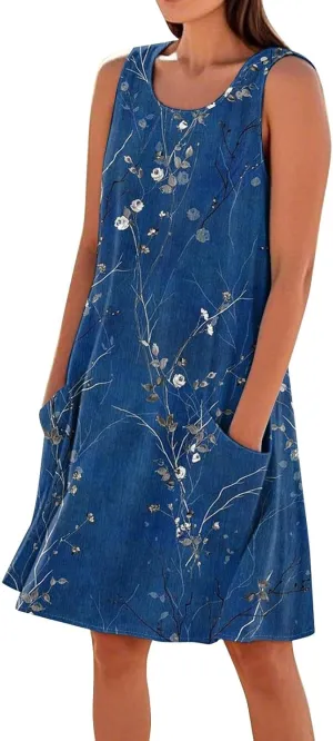 Women's Spring Dresses Round Neck Sleeveless Summer Sundresses Knee Length Tank with Pockets Vacation Dresses