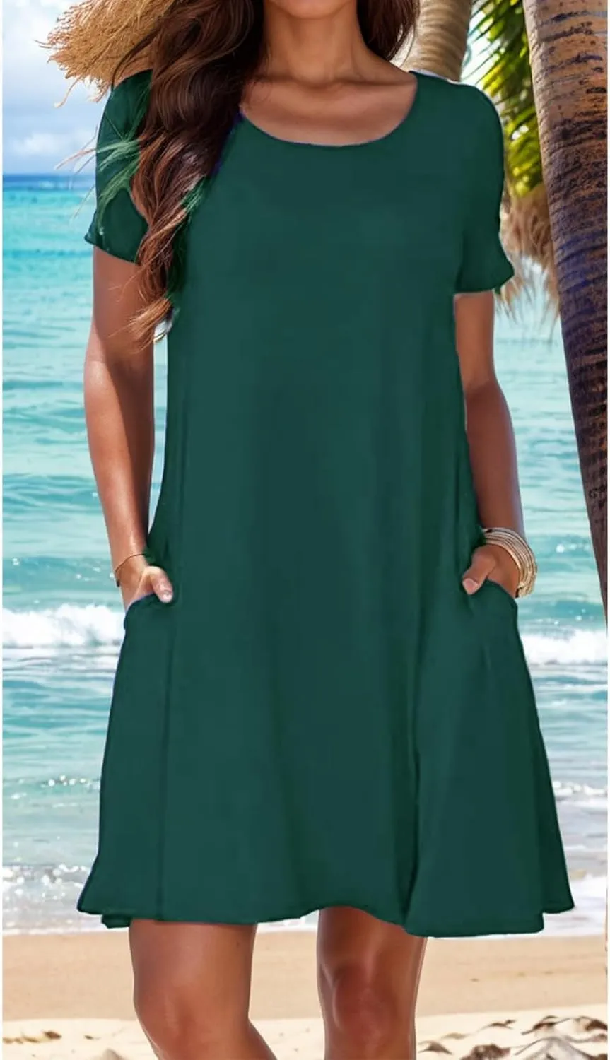 Women's Summer Casual T-Shirt Dress Beach Boho Swing Dresses Short Sleeve Loose Flowy Sundress with Pockets