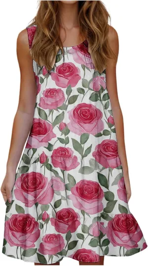 Womens Summer Dresses Tank Mini Dress Floral Spring Casual Flowy Tshirt Dress Outfits Flowy Wrap Beach Boho Sun Dress