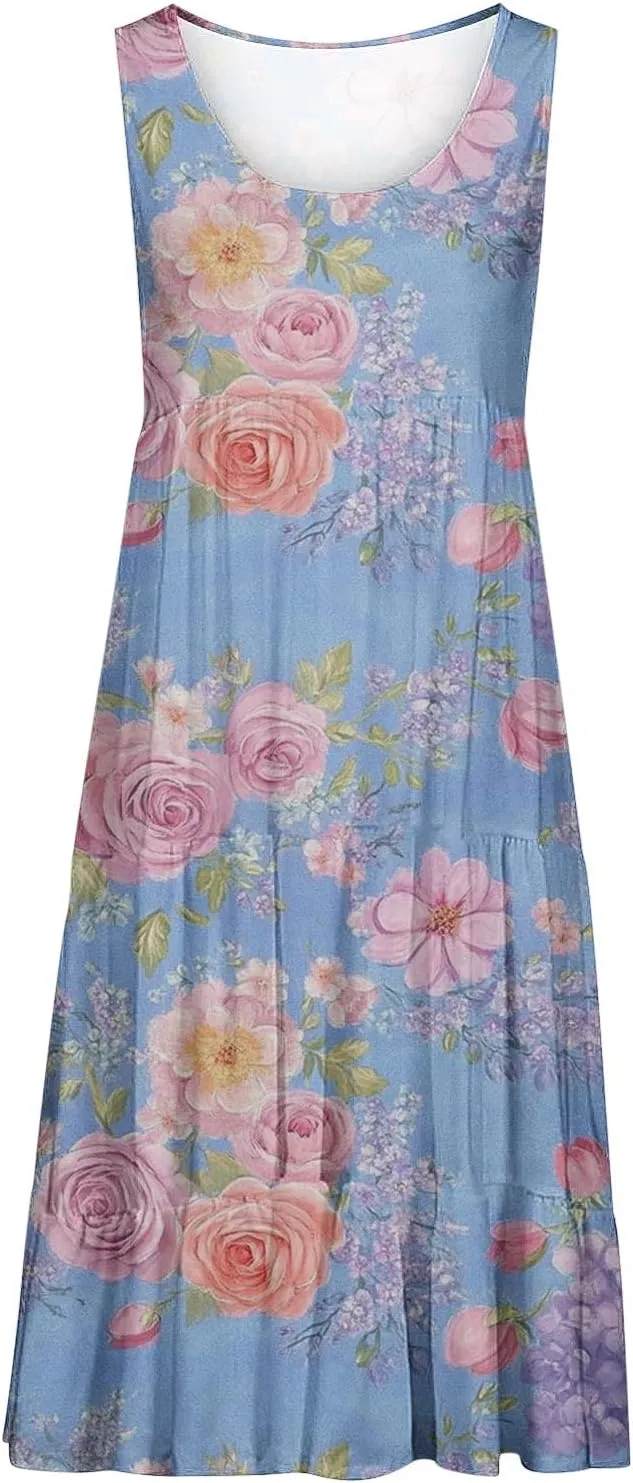 Womens Summer Dresses Tank Mini Dress Floral Spring Casual Flowy Tshirt Dress Outfits Flowy Wrap Beach Boho Sun Dress