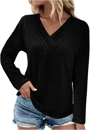 Womens Tops Button V Neck Long Sleeve T Shirt Chest Panel Ruched Solid Color Sweatshirts Lightweight Pullover