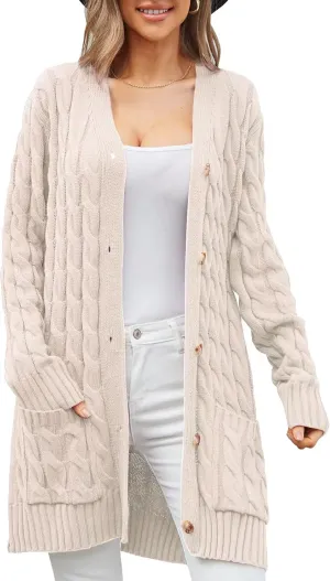 Women's Twist Cable Knit Cardigan Draped Long Sweater Coats with Side Pockets Button Front Fall Winter Outwear