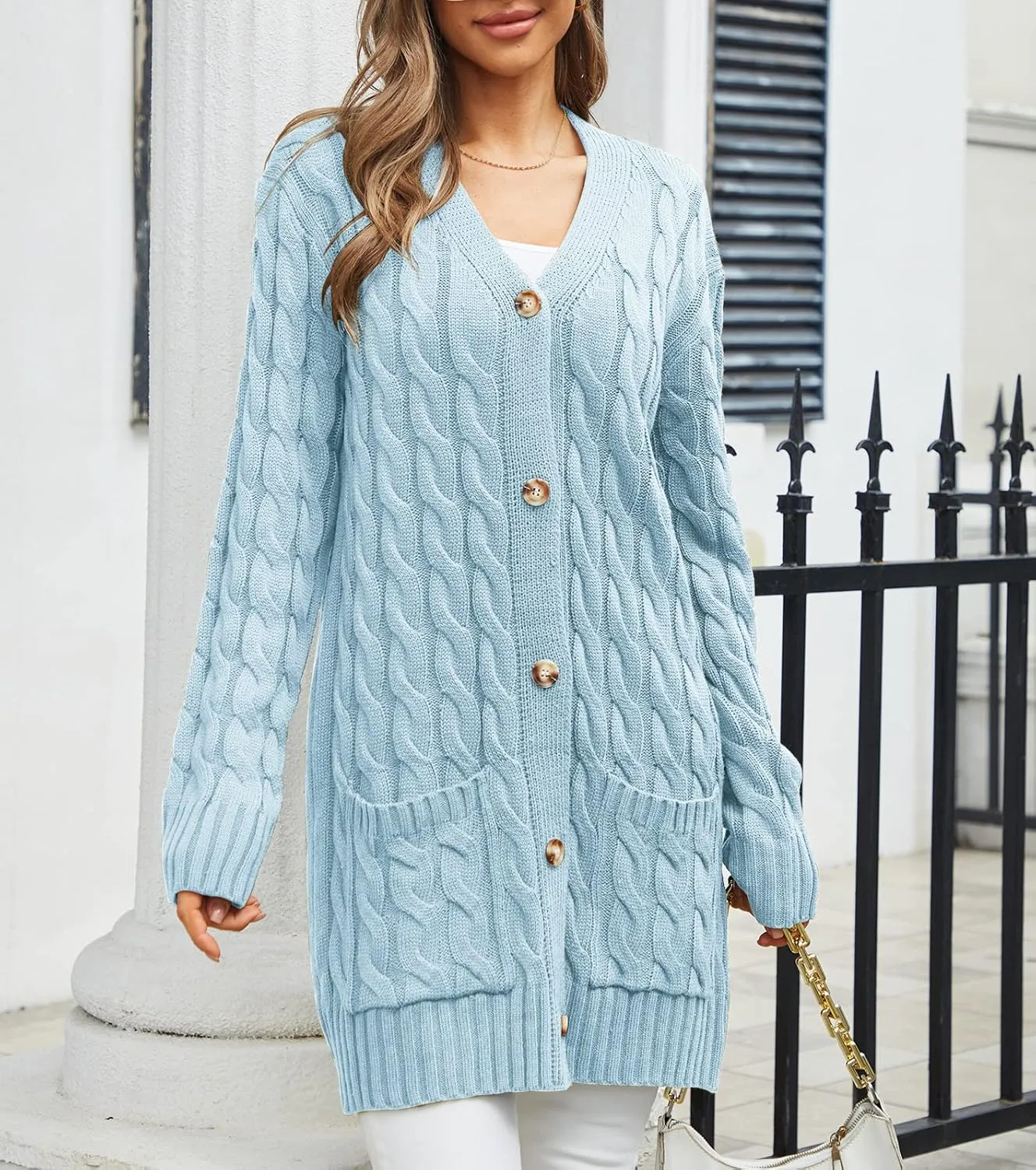 Women's Twist Cable Knit Cardigan Draped Long Sweater Coats with Side Pockets Button Front Fall Winter Outwear