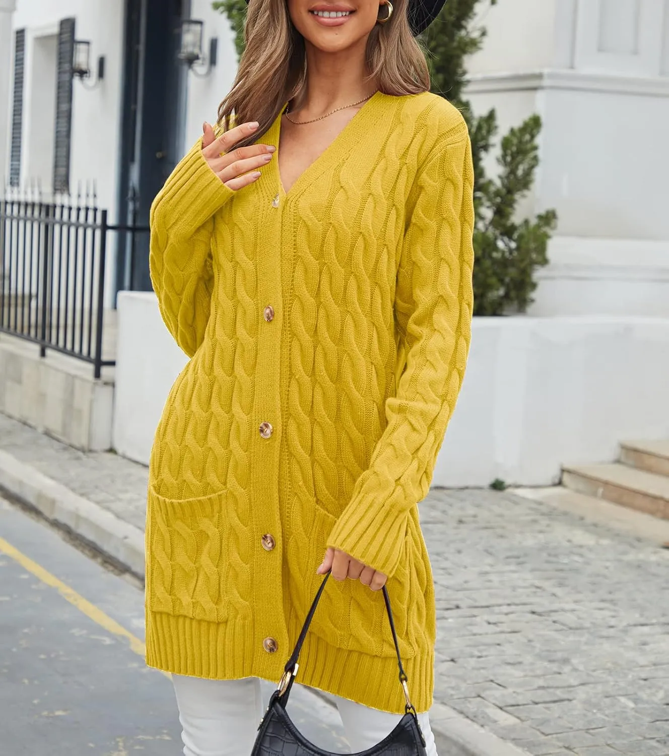 Women's Twist Cable Knit Cardigan Draped Long Sweater Coats with Side Pockets Button Front Fall Winter Outwear