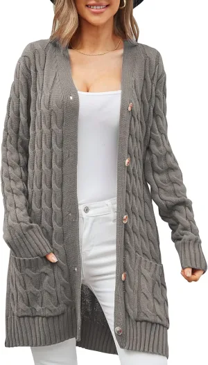 Women's Twist Cable Knit Cardigan Draped Long Sweater Coats with Side Pockets Button Front Fall Winter Outwear