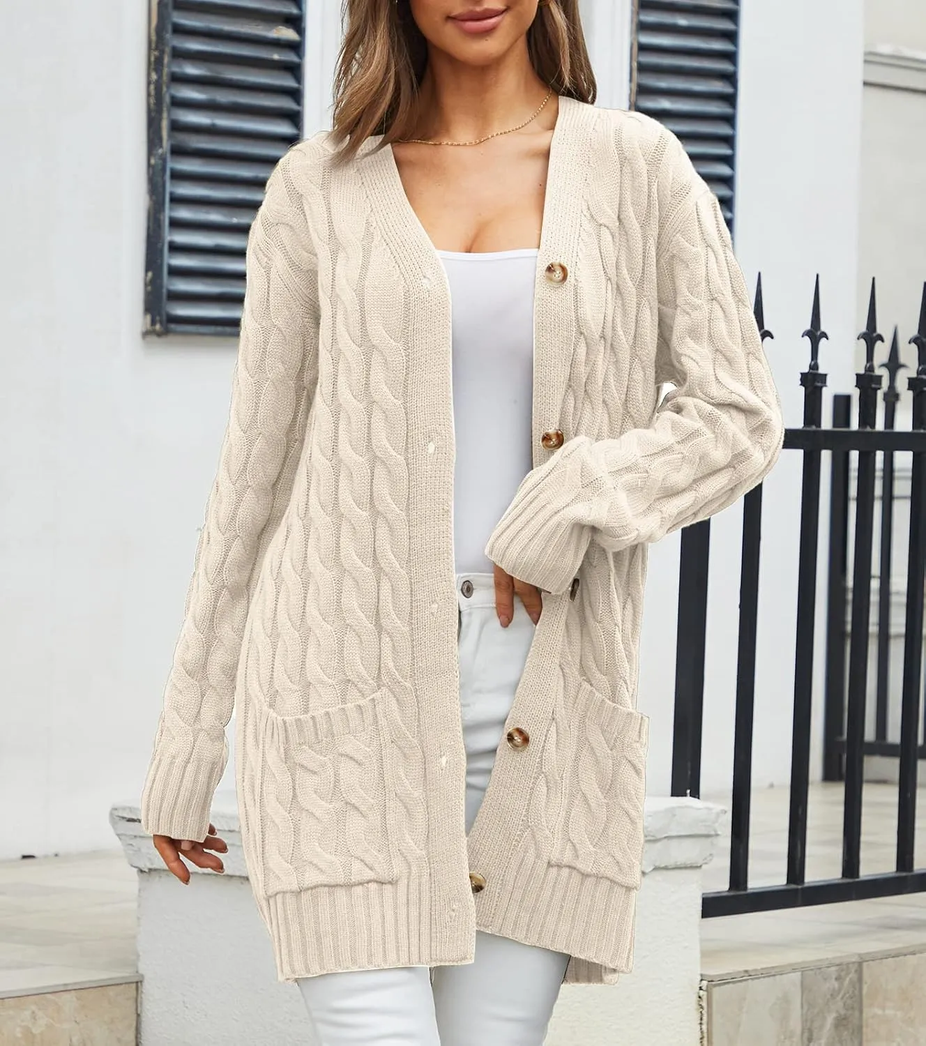 Women's Twist Cable Knit Cardigan Draped Long Sweater Coats with Side Pockets Button Front Fall Winter Outwear