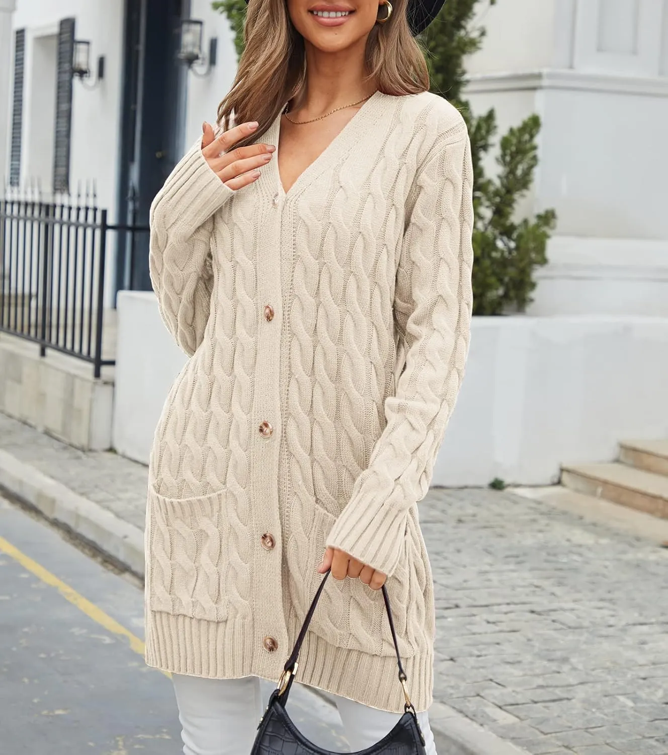 Women's Twist Cable Knit Cardigan Draped Long Sweater Coats with Side Pockets Button Front Fall Winter Outwear