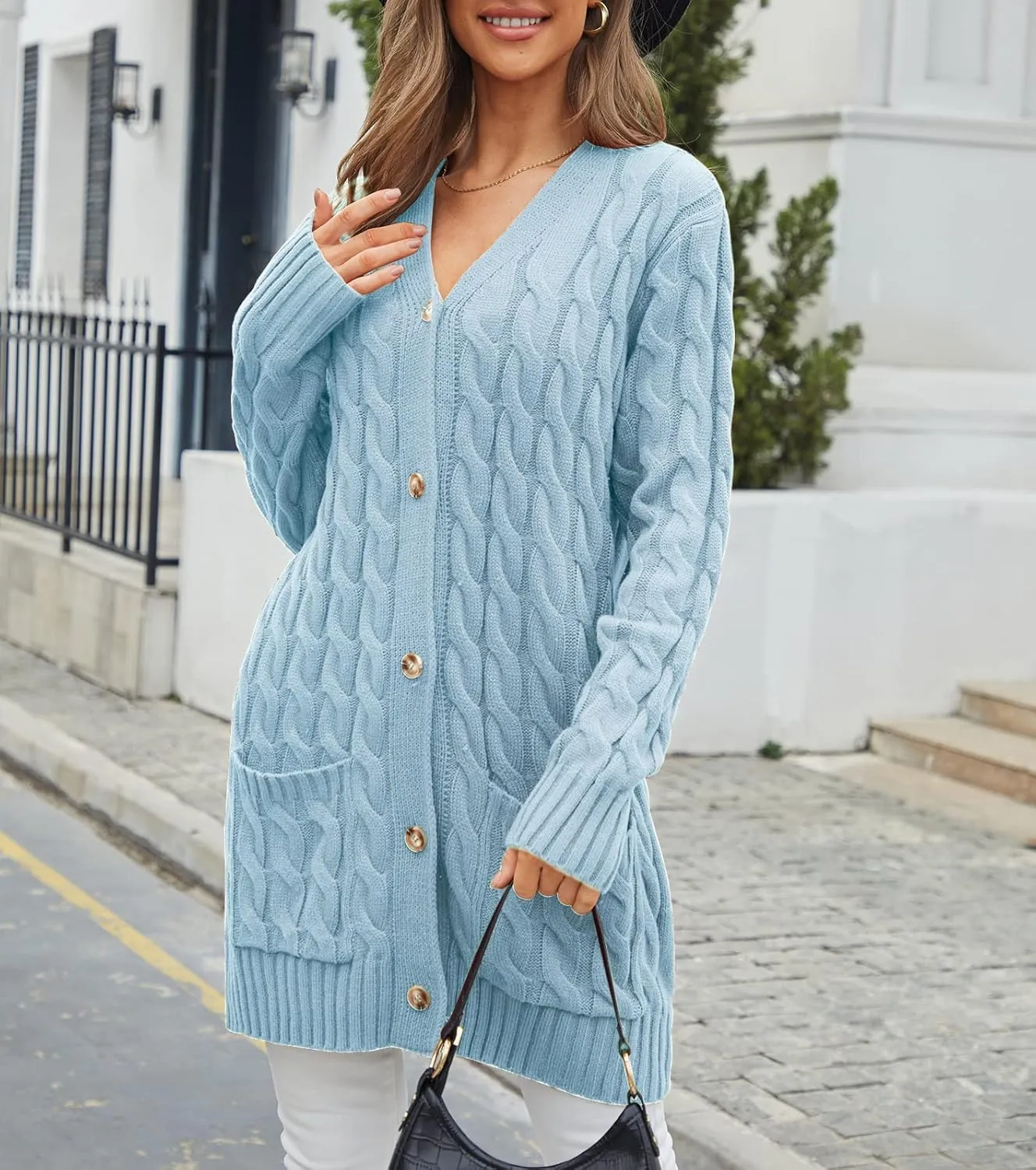 Women's Twist Cable Knit Cardigan Draped Long Sweater Coats with Side Pockets Button Front Fall Winter Outwear