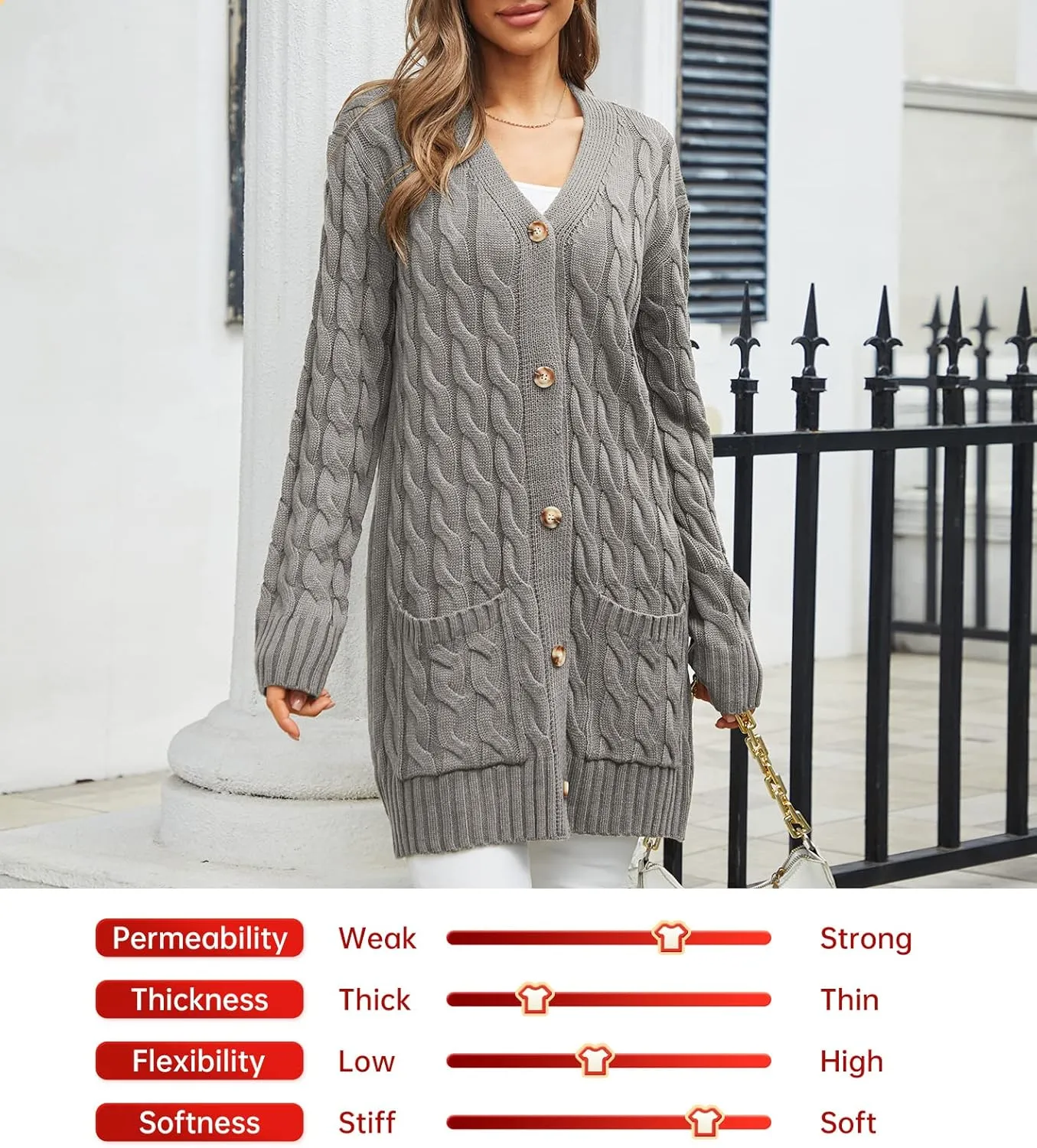 Women's Twist Cable Knit Cardigan Draped Long Sweater Coats with Side Pockets Button Front Fall Winter Outwear