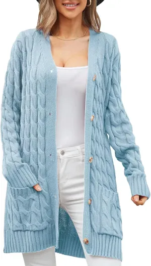 Women's Twist Cable Knit Cardigan Draped Long Sweater Coats with Side Pockets Button Front Fall Winter Outwear