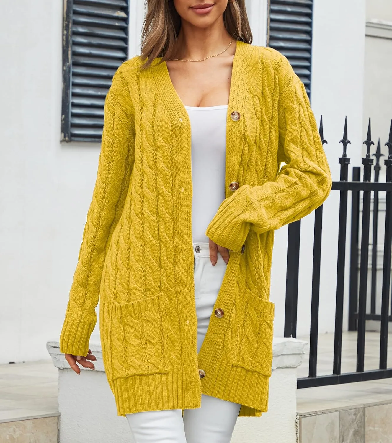 Women's Twist Cable Knit Cardigan Draped Long Sweater Coats with Side Pockets Button Front Fall Winter Outwear