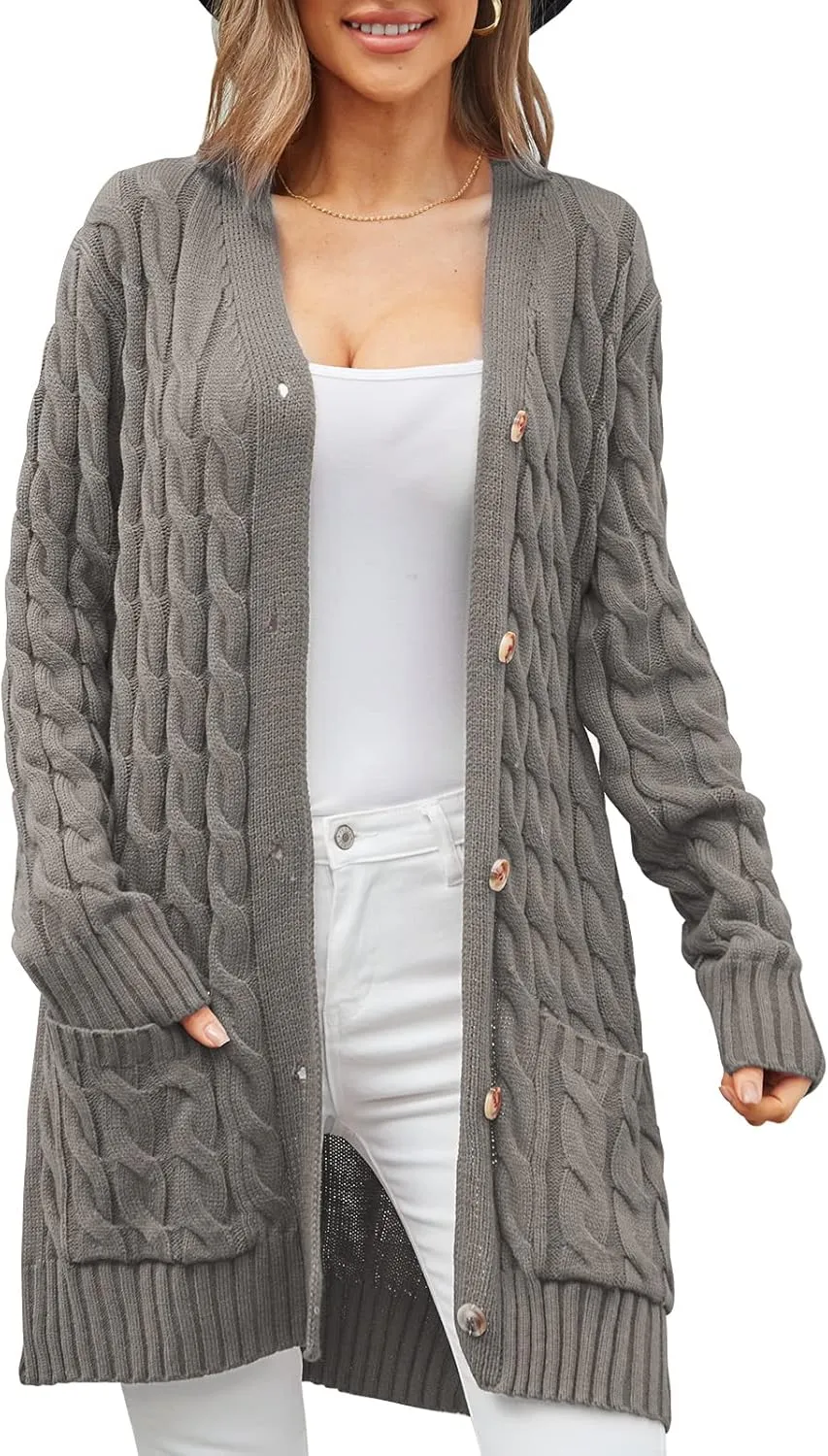 Women's Twist Cable Knit Cardigan Draped Long Sweater Coats with Side Pockets Button Front Fall Winter Outwear