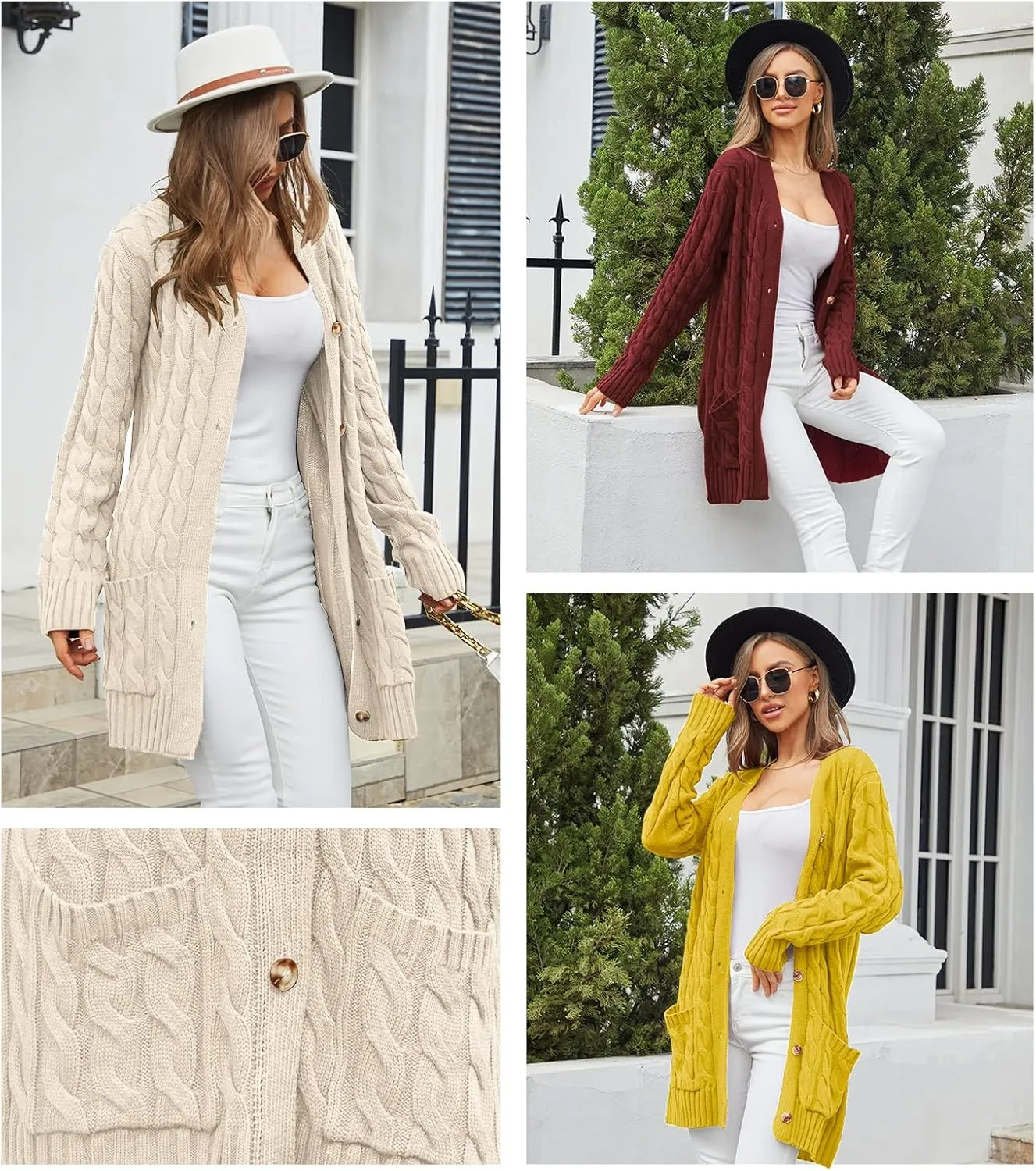 Women's Twist Cable Knit Cardigan Draped Long Sweater Coats with Side Pockets Button Front Fall Winter Outwear